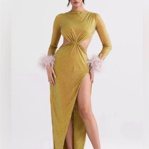 House of CB Gold Long Sleeve Dress with Feather Cuffs